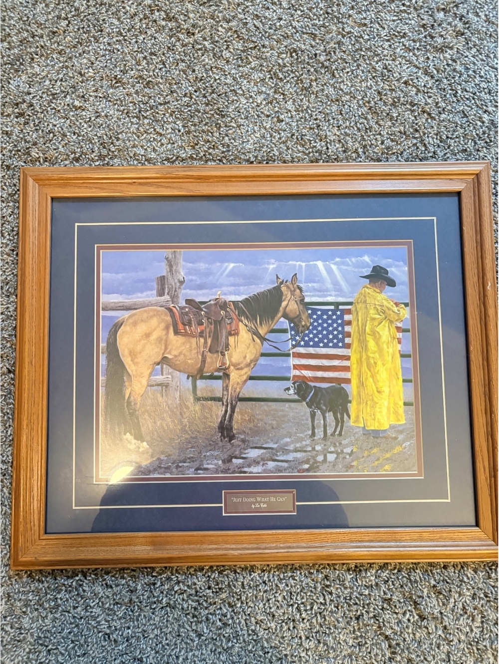 Lee Cable Framed Print "Just Doing What He Can" Cowboy, Horse & Dog with Flag